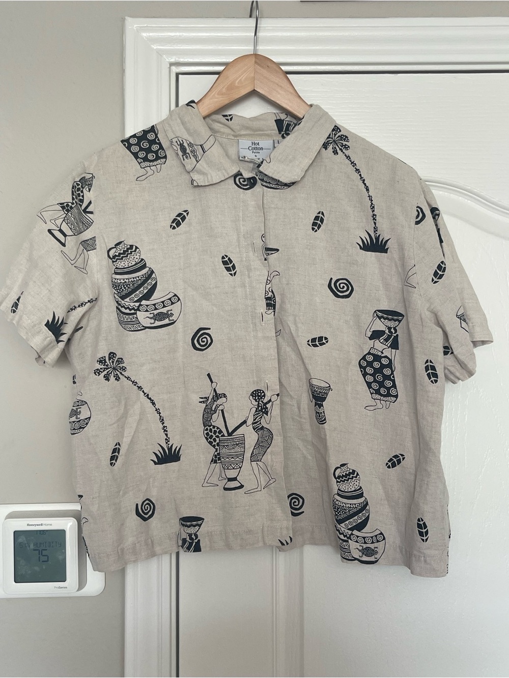 Hot Cotton Beige Short-Sleeve Button-Down with Black Tribal Print